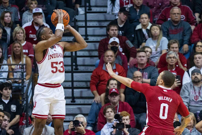 Indiana guard Tamar Bates (53) shoots the ball while Nebraska guard C.J. Wilcher (0) defends. )Trevor Ruszkowski-USA TODAY Sports)